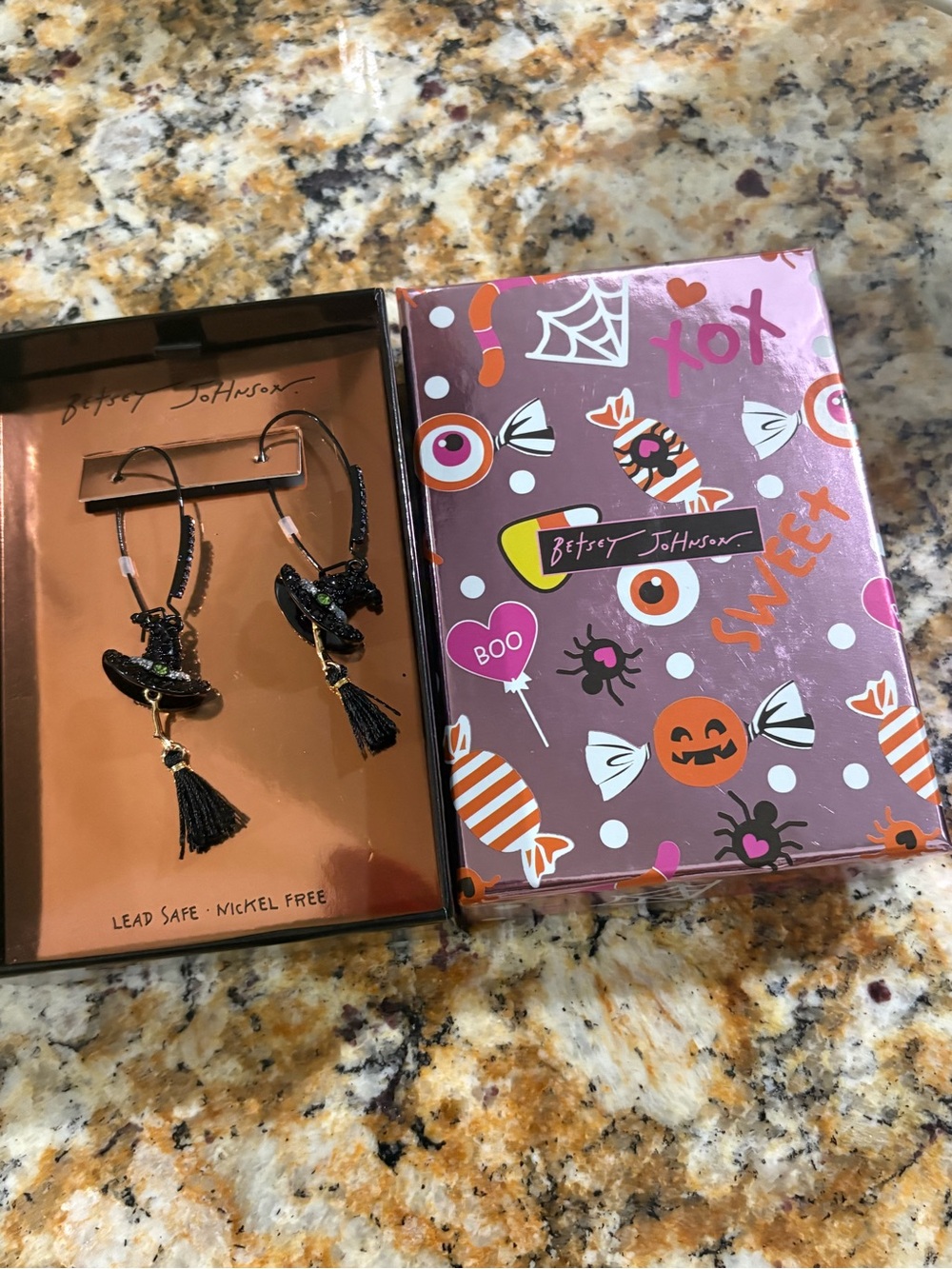 Betsey Johnson Halloween Black Witch Hat Tassel Hoop Earrings